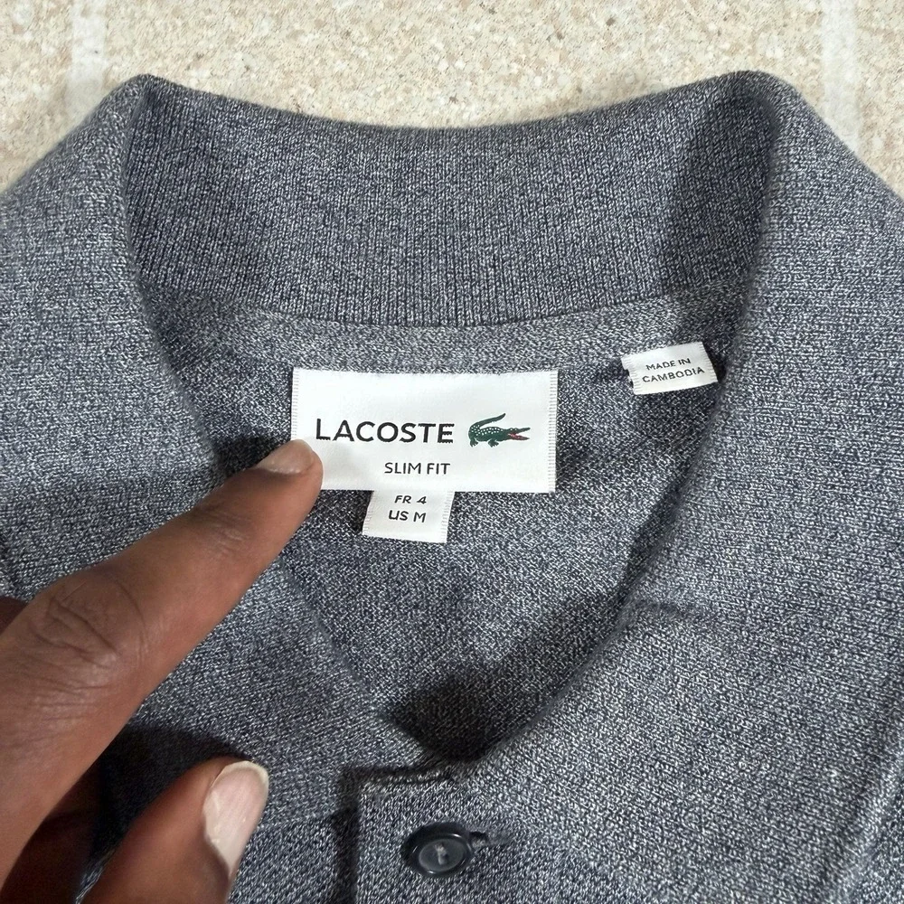 Lacoste Mens Slim Fit Polo Shirt Gray Heather Slim Pique Cotton Size M